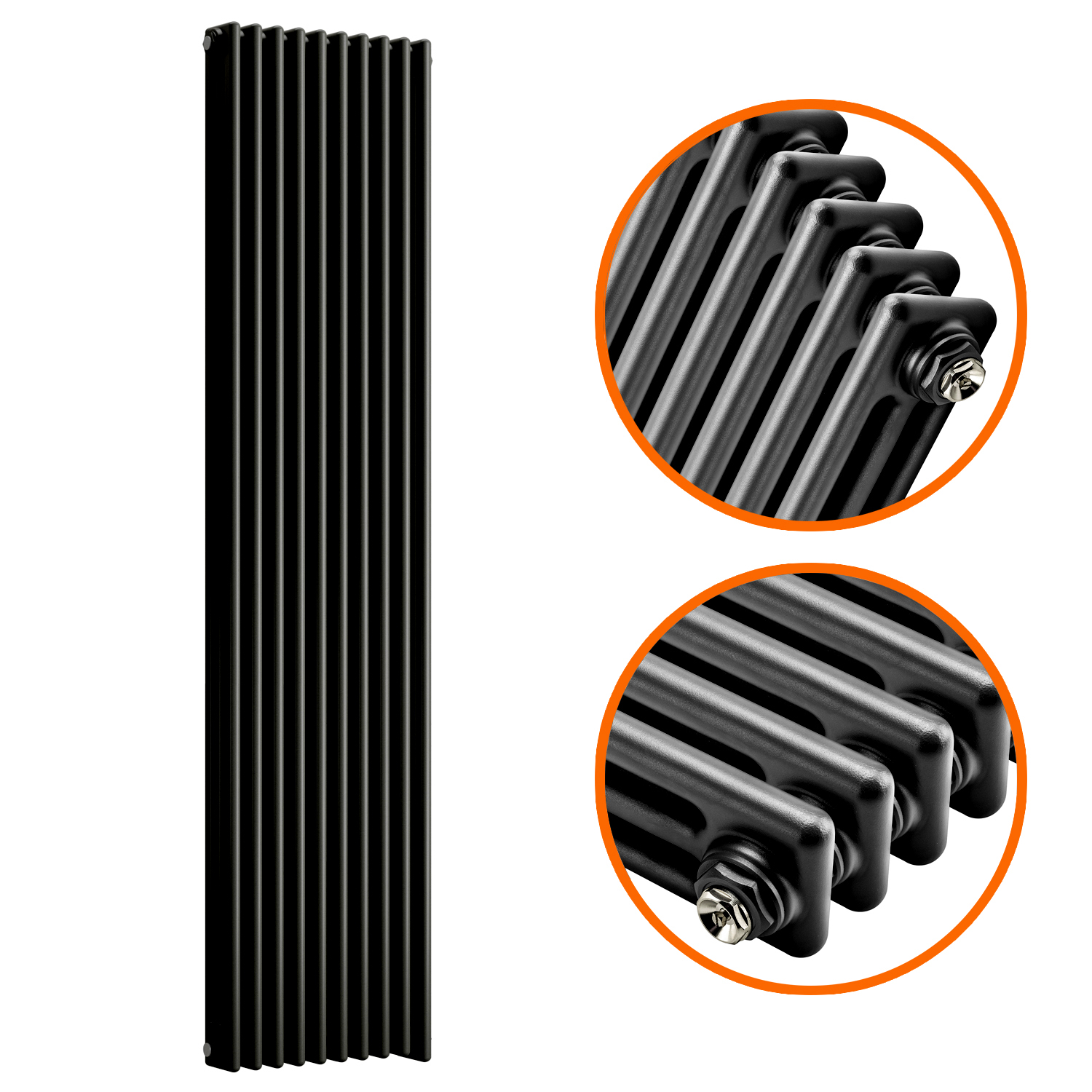 1800 x 470mm Black Vertical Traditional 3 Column Radiator