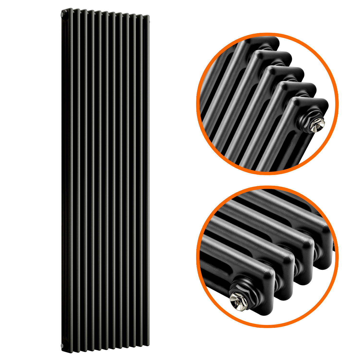 1800 x 560mm Black Vertical Traditional 3 Column Radiator