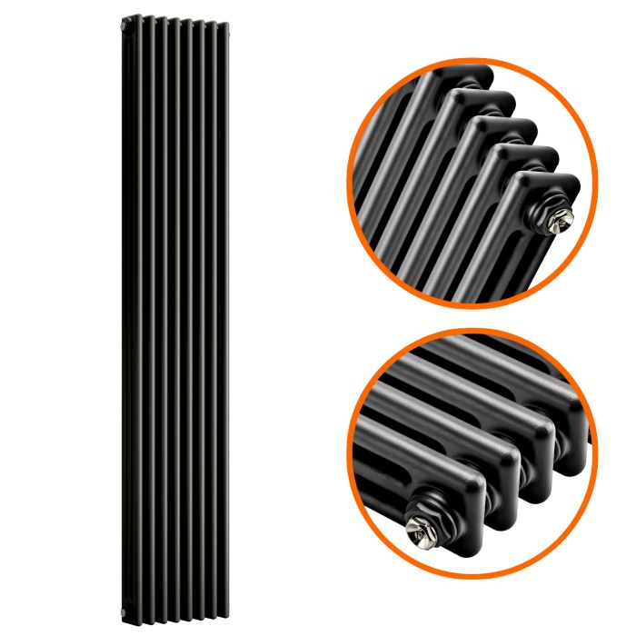 1800 x 383mm Black Vertical Traditional 3 Column Radiator