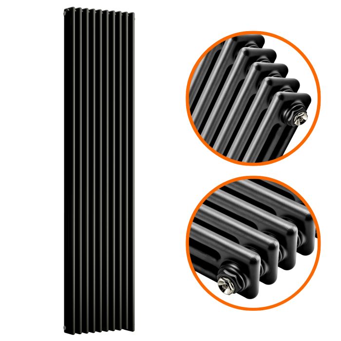 1800 x 470mm Black Vertical Traditional 3 Column Radiator